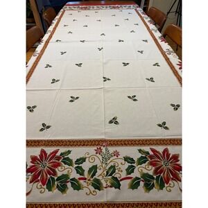 Christmas Poinsettia Holly Tablecloth‎ White Red Green Holiday Dining  58 x100